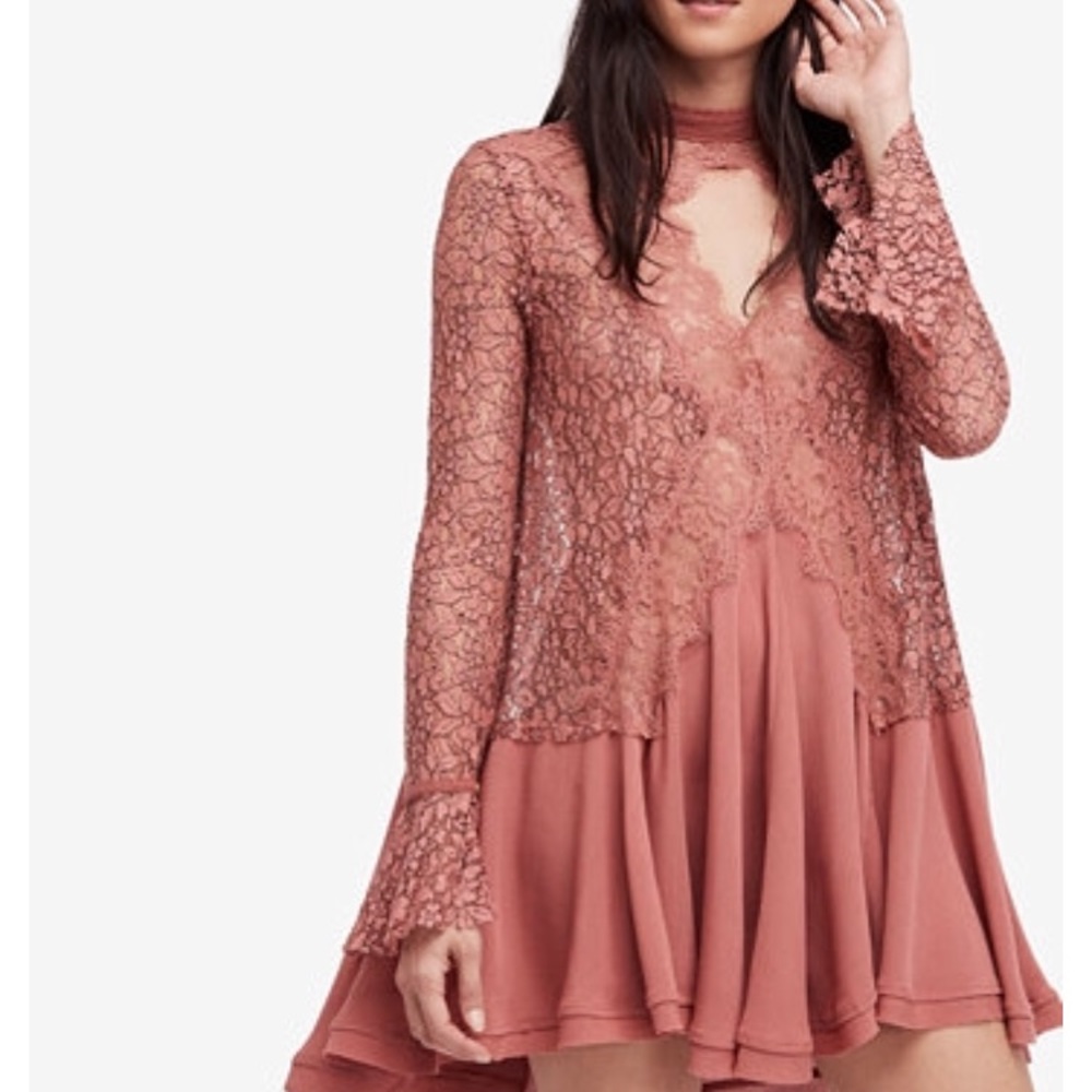 💕NWT Free People Tell Tale Lace Tunic Dress, Mauve, S